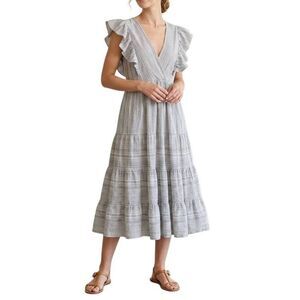 Storia flutter sleeve White & Navy striped crinkle v-neck midi dress womens S